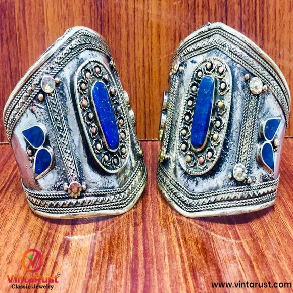 Single Vintage Kuchi Cuff Bracelet: Afghani Tribal Jewelry Inlaid with Stones - Picture 3 of 7